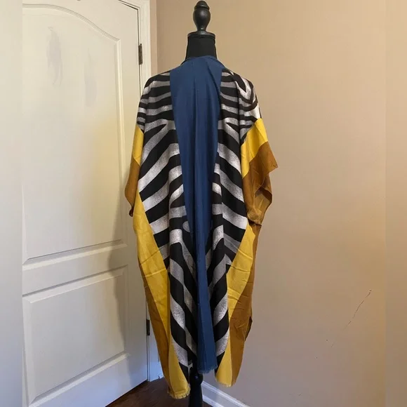 Janice Apparel Cotton Wool Poncho Wrap Gold Black Blue One Size Colorful Classy - Picture 4 of 9